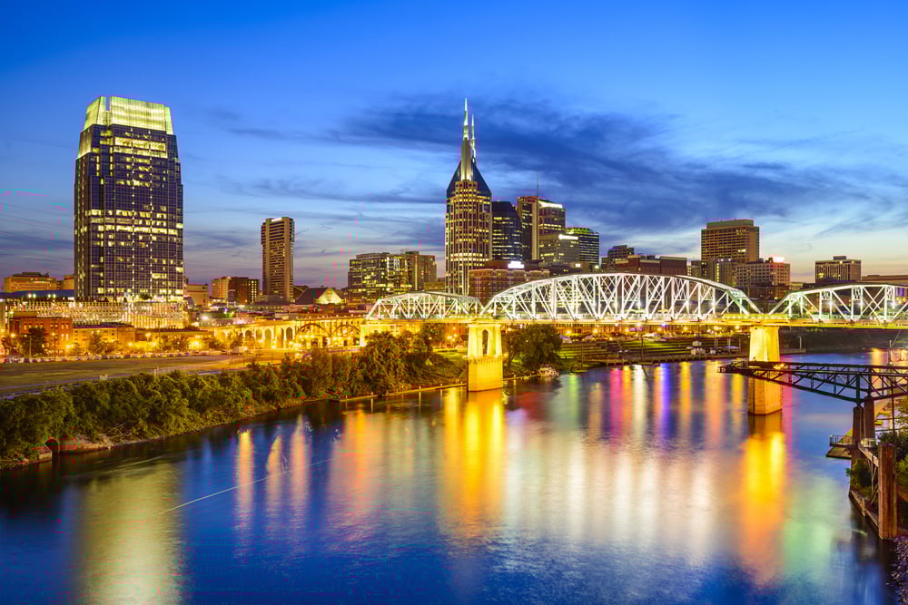 Nashville, Tennessee, USA downtown skyline on the Cumberland River.